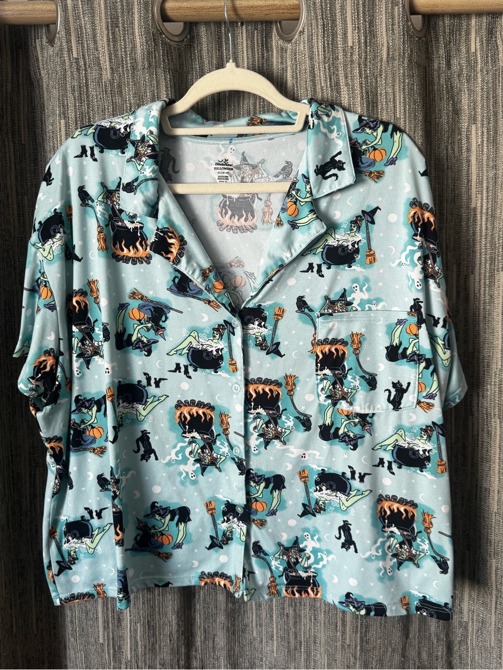 Women’s Light Blue Halloween Print Button-Up Shirt
